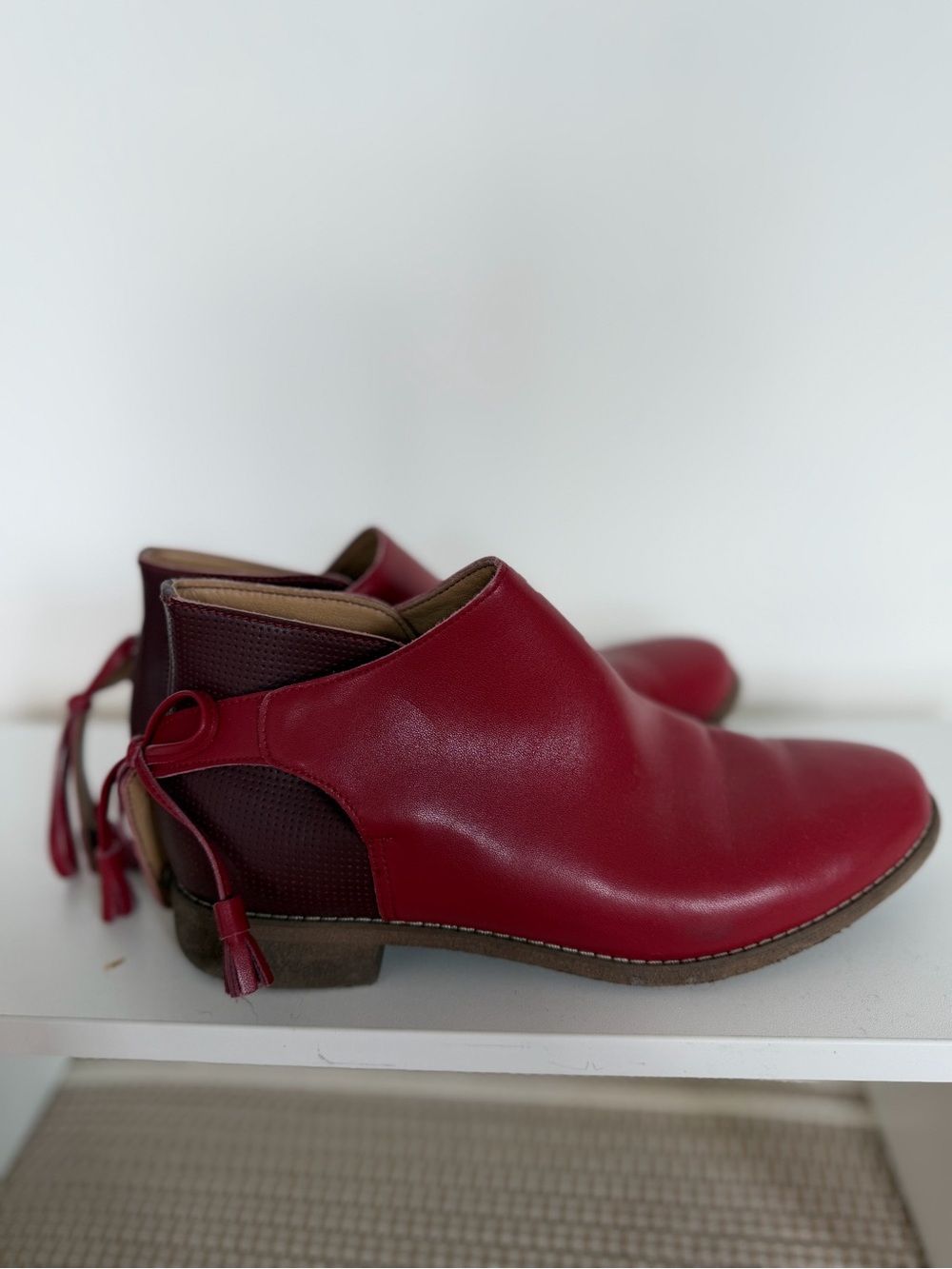 Women’s Red Vegan Leather Ankle Booties with Back Tassel Detail $49 Size 39